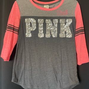 Victoria's Secret Gray and Coral/Pink Quarter Length Sleeve Tee w/Sparkly Logo